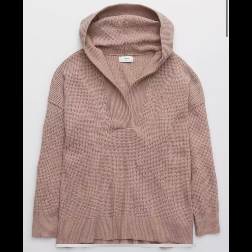 Aerie Cozy Up Waffle Sweater Hoodie - Cocoa Cream XS